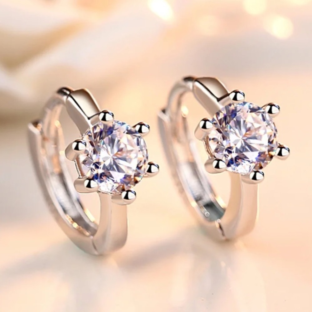 ๐ Sterling Silver 925 Hoop Huggies Diamond Earrings - Picture 2 of 4